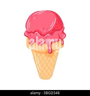 Cône de crème glacée cerise ou fraise avec cuillère de fonte rose dans le cône de gaufre dans le style de dessin animé. Conception de gelato ou sorbet pour le menu de desserts, sucré d'été ou Illustration de Vecteur