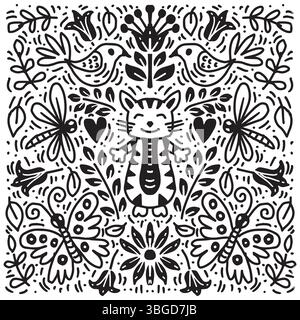 Motif doodle noir et blanc avec chat, libellule, fleurs et coeurs. Illustration vectorielle dessinée à la main. Illustration de Vecteur