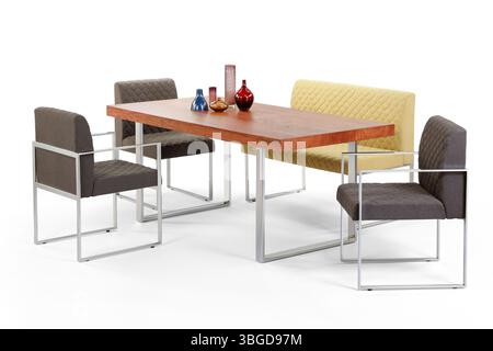 table à manger isolée sur fond blanc. table et chaise . pied métallique Banque D'Images