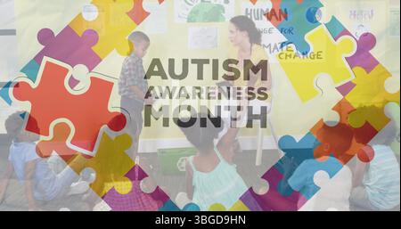 Image du texte et des icônes du mois de sensibilisation à l'autisme sur divers enseignants et écoliers Banque D'Images