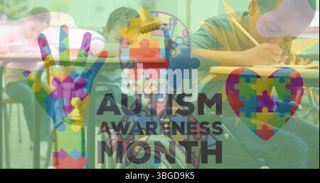 Image du texte et des icônes du mois de sensibilisation à l'autisme sur divers écoliers Banque D'Images