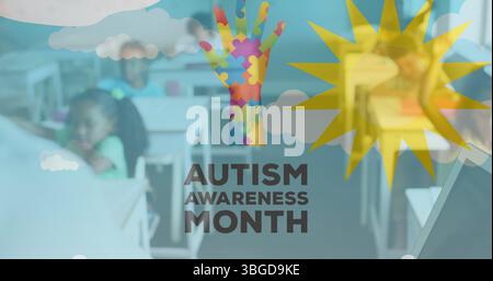 Image du texte et des icônes du mois de sensibilisation à l'autisme sur divers enseignants et écoliers Banque D'Images