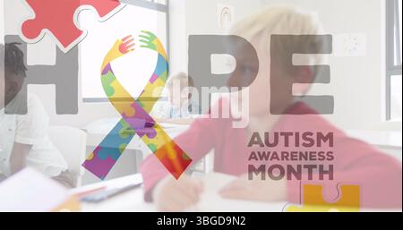 Image du texte et des icônes du mois de sensibilisation à l'autisme de l'espoir sur divers écoliers Banque D'Images