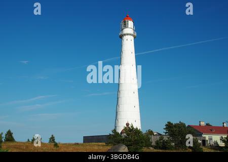 Phare blanc avec Red Top sur la côte sous ciel bleu clair Banque D'Images
