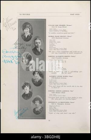 La page 38 de l'annuaire 'Ye Crucible' de 1926 de l'East High School présente l'histoire et les activités de l'école. Fondée en 1922 au 1500 E. Broad Street, East High a subi des rénovations en 2008 pour moderniser le bâtiment. Banque D'Images