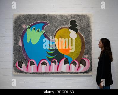 Elizabeth Xi Bauer Gallery, Deptford, Londres, Royaume-Uni. 5 juin 2025. L'exposition de Thiago Barbalho - chants - explore les intersections du langage visuel et de la technologie ancestrale, tissant ensemble l'histoire personnelle, la culture de masse, la pratique spirituelle et la recherche philosophique. Puisant dans une riche gamme d'influences, l'artiste brésilien transforme l'expérience en compositions visuelles complexes qui questionnent les frontières de l'écriture, de la communication et de l'échelle. Image : écriture manuscrite, 2025. Huile, acrylique, crayon de couleur, stylo à bille, marqueur permanent, graffiti et résine. Crédit : Malcolm Park/Alamy Li Banque D'Images