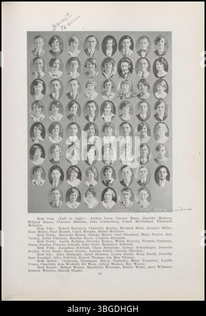 L'annuaire 'Ye Crucible' de 1926 de l'East High School documente la vie académique et parascolaire des étudiants de Columbus, Ohio. L'annuaire comprend des photographies, des listes de classes et les faits saillants des événements scolaires. East High a été créé en 1922 et rénové en 2008. Banque D'Images