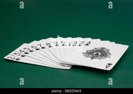 Jeu complet de cartes de jeu Spade disposées dans un éventail parfait sur la table verte Banque D'Images