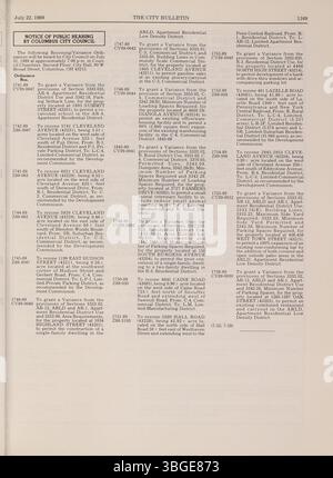 Cette section du Bulletin de la ville de Columbus de 1989 résume les activités du conseil, les invitations à soumissionner, les décisions législatives, les dossiers de la fonction publique et les rapports des commissions d'achat coordonnés par le greffier de la ville. Banque D'Images