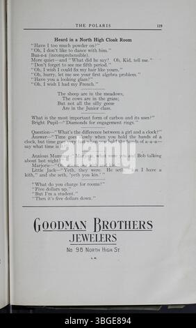 L'édition 1918 de l'annuaire de North High School, « The Polaris », donne un aperçu de l'histoire et de la croissance de l'école. Il met en lumière Charles D. Everett, qui en devint le directeur en 1893, et l’évolution architecturale de l’école. Le First North High School était un bâtiment de style roman de style néo-roman conçu par Frank L. Packard et achevé en 1893. En 1924, un nouveau bâtiment a été construit au 100 East Arcadia Avenue, devenant une partie des Columbus City Schools. Banque D'Images