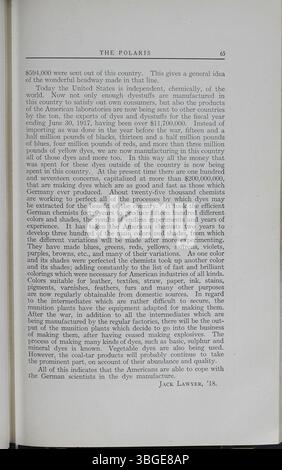 L'édition de juin 1918 du Polaris, volume 17, numéro 5, documente l'histoire de North High School sous Charles D. Everett depuis 1893. Initialement située au 100 West 4th Avenue, l'école présentait un design Renaissance romane de Frank L. Packard. En 1924, un nouveau bâtiment a ouvert ses portes au 100 East Arcadia Avenue. Il est devenu Columbus International High School en 2012 après sa fermeture en 1979. Banque D'Images