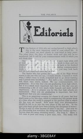 L’édition de juin 1918 de l’annuaire Polaris détaille la fondation de la North High School, le mandat du principal Charles D. Everett à partir de 1893 et son bâtiment de style roman conçu par Frank L. Packard. Construit à l'origine au 100 West 4th Avenue, il a été remplacé en 1924 par une nouvelle structure au 100 East Arcadia Avenue. Banque D'Images
