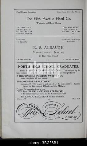 L'édition 1918 de l'annuaire de North High School, « The Polaris », donne un aperçu des premières années de l'institution sous la direction de Charles D. Everett. Il documente l’évolution de l’école, de son bâtiment original de style roman, conçu par Frank L. Packard en 1893, à la nouvelle installation construite en 1924 au 100 East Arcadia Avenue, dans le système des écoles publiques de Columbus. Banque D'Images