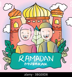 Ramadan Moubarak carte de voeux avec couple musulman. Illustration vectorielle. Illustration de Vecteur