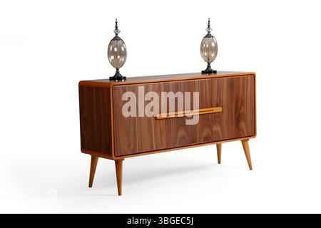 Console en bois brun isolée sur fond blanc. Armoire en bois. vue d'angle . Banque D'Images