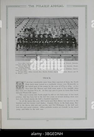 L'édition 1928 de l'annuaire annuel Polaris reflète la riche histoire de North High School à Columbus, Ohio. Fondé en 1893, le premier bâtiment a été conçu par Frank L. Packard dans le style Renaissance romane. L'école déménage en 1924 au 100 East Arcadia Avenue et ferme ses portes en 1979. L'annuaire rend hommage au principal Charles D. Everett, dont la direction a duré plus de 35 ans. Banque D'Images