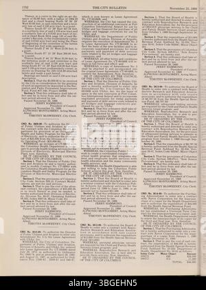 Cette section du Bulletin de la ville de Columbus de 1989 comprend les délibérations du conseil municipal, les ordonnances adoptées, les résolutions adoptées, les mises à jour de la fonction publique et les activités de la Commission d'achat. Banque D'Images