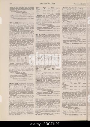 Cette section du Bulletin de la ville de Columbus de 1989 comprend les délibérations du conseil municipal, les annonces d'offres, les ordonnances adoptées, les mises à jour de la fonction publique et les activités de la Commission d'achat. Banque D'Images