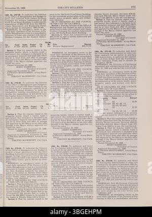 Cette section du Columbus City Bulletin de 1989 comprend les délibérations du conseil municipal, les annonces, les ordonnances, les résolutions, les mises à jour de la fonction publique, et les activités du conseil d'achat. Banque D'Images