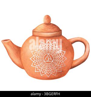 Théière en terre cuite aquarelle avec chakra blanc Crown sahasrara. Clipart de cérémonie du thé oriental. Illustration aquarelle dessinée à la main isolée. Pour p Banque D'Images