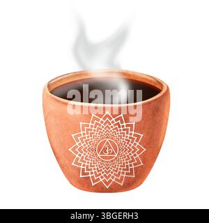 Tasse de thé en terre cuite aquarelle pleine de thé chaud avec Crown chakra sahasrara. Clipart de cérémonie du thé oriental. Illustration aquarelle dessinée à la main isol Banque D'Images