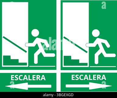 Panneaux d'escalera directionnels verts sur un fond blanc (escalier trad.) Illustration de Vecteur