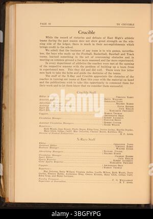 L'annuaire de l'East High School, 'Ye Crucible', de 1928, commémore l'histoire de l'école. Le bâtiment, conçu dans un style néo-classique de renouveau par Howell & Thomas, a été achevé en 1922 et dédié en 1923. L'école a déménagé à son emplacement actuel au 1500 East Broad Street en 1923, après avoir fonctionné temporairement à partir d'autres sites depuis 1897. Les rénovations ont été achevées en 2008. Banque D'Images