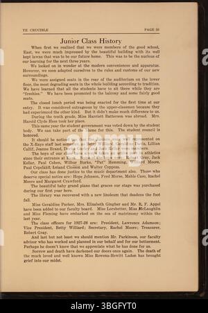 Cette page de l’annuaire 1928 de l’East High School, Ye Crucible, met en lumière l’histoire de l’école et la vie étudiante. Construit en 1922, le bâtiment de la deuxième East High School sur East Broad Street reflète un style néo-classique de Howell & Thomas. Il a été consacré en 1923, et ses premiers étudiants ont suivi des cours temporaires en 1897. L'école a été rénovée en 2008. Banque D'Images