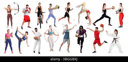 Les gens engagés dans différentes activités sportives sur fond blanc, collage Banque D'Images