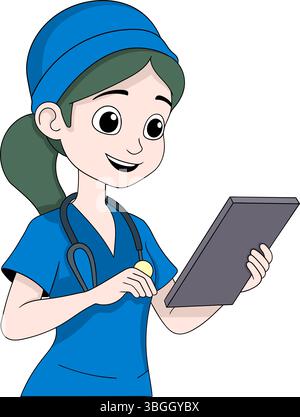 Illustration de style de dessin animé d'une chirurgienne portant des gommages bleus, une casquette chirurgicale et un stéthoscope tout en examinant le dossier médical d'un patient sur une fouille Illustration de Vecteur