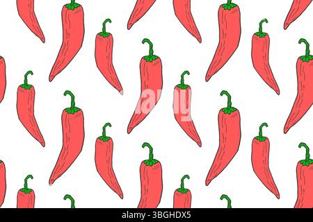 Dessin sans couture vectoriel avec des poivrons rouges piments chauds sur un fond blanc. Assaisonnement culinaire épicé, cuisine mexicaine. Imprimer pour textiles de cuisine, papier peint, vêtements. Illustration de Vecteur