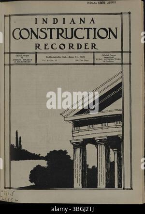 La page 1 de l'Indiana construction Recorder, daté du 11 juin 1927, comprend d'importantes mises à jour de la Société des architectes de l'Indiana et de diverses associations d'entrepreneurs. Il couvre les détails sur les matériaux de construction, les fournitures, les publicités et les projets de construction primés dans tout l'Indiana. Banque D'Images
