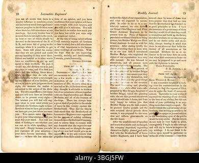La page 10 de l'édition d'avril 1867 du Journal mensuel de la Fraternité des ingénieurs de locomotive contient des mises à jour professionnelles et du contenu informatif pour les ingénieurs ferroviaires. Banque D'Images