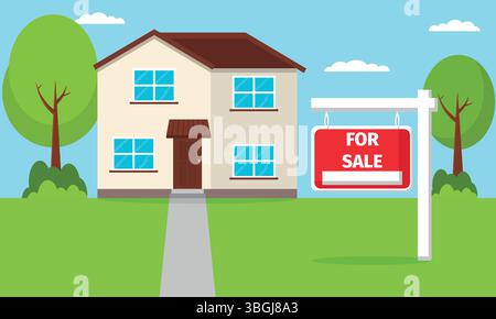 Maison à vendre élément de design, illustration graphique immobilière avec une maison et à vendre panneau Illustration de Vecteur