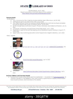 Le rapport mensuel de la State Library of Ohio fournit des mises à jour sur les activités, les programmes et les services des bibliothèques dans tout l’État. Il met en lumière les nouvelles ressources, les événements à venir et les développements clés dans le système de bibliothèques de l’Ohio. Banque D'Images
