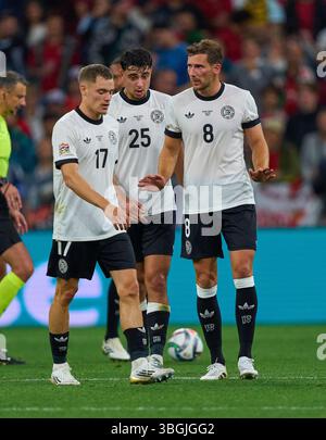 Florian Wirtz, Nr. 17 DFB Alexandar Pavlovic, DFB 25 Leon Goretzka, DFB 8 dans le match de demi-finale de l'UEFA Nations League 2025 ALLEMAGNE - PORTUGAL 1-2 dans la saison 2024/2025 le 4 juin 2025 à Munich, Allemagne. Photographe : Peter Schatz Banque D'Images
