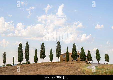 Paysage toscan avec cyprès et ferme au lever du soleil, l'aube, 'Podere Cipressini', San Quirico d'Orcia, Val d'Orcia, Toscane, Italie, Europe Banque D'Images