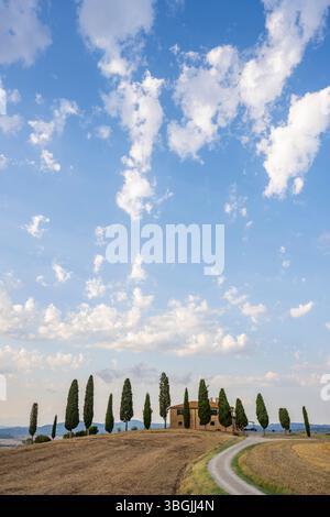 Paysage toscan avec cyprès et ferme au lever du soleil, l'aube, 'Podere Cipressini', San Quirico d'Orcia, Val d'Orcia, Toscane, Italie, Europe Banque D'Images