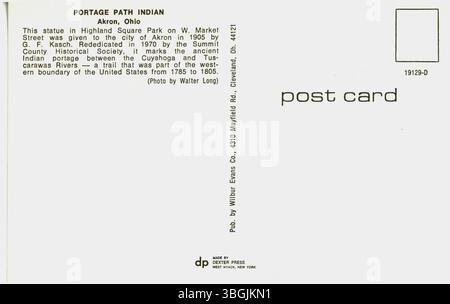 La statue indienne de Portage Path dans Highland Square Park, Akron, Ohio, marque la route historique du portage indien entre les rivières Cuyahoga et Tuscarawas. Il a été offert à Akron en 1905 et redédié en 1970. Banque D'Images