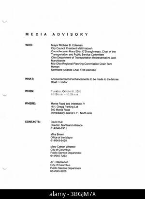 Il s'agit d'un ensemble de 2002 communiqués de presse du bureau du maire Michael Coleman, qui a été le premier maire afro-américain de Columbus. Son mandat de 2000 à 2016 comprenait des contributions importantes à la ville et à l'État. Le leadership de Coleman a été marqué par son long service, qui a commencé au conseil municipal et s’est poursuivi tout au long de ses multiples mandats de maire. Banque D'Images
