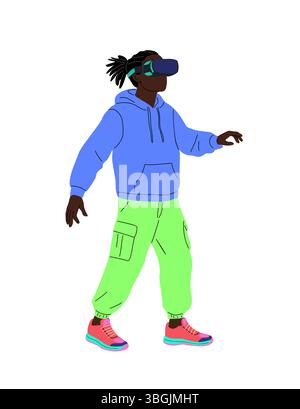 Homme noir élégant portant une tenue de néon, lunettes VR Illustration de Vecteur