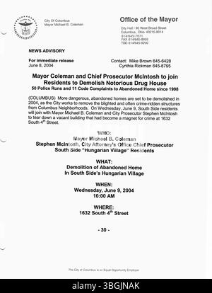 Cette série de communiqués de presse du bureau du maire Michael B. Coleman en 2004 souligne les principaux aspects de son leadership et de sa gouvernance à Columbus. Coleman, maire le plus ancien de l'Ohio, fut le premier afro-américain à occuper le poste de maire de la ville. Banque D'Images