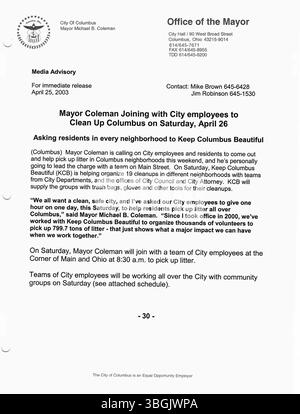 Les communiqués de presse de 2003 du maire Michael Coleman documentent son service de quatre mandats en tant que 52e maire de Columbus de 2000 à 2016. Il fut le premier maire afro-américain. Auparavant, il a été membre du conseil municipal de 1992 à 1999 et président du conseil de 1997 à 1999. En 2014, Coleman établit le record en tant que maire de Colomb ayant servi le plus longtemps. Il est démocrate. Banque D'Images