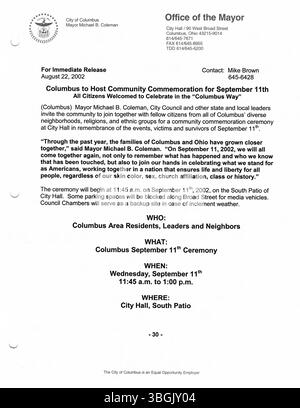 Cette section des communiqués de presse de 2002 du maire Michael Coleman souligne le leadership continu et les actions politiques du maire. Coleman est le premier maire afro-américain de Columbus, occupant ses fonctions de 2000 à 2016, et établit un record en tant que maire le plus ancien de la ville. Banque D'Images