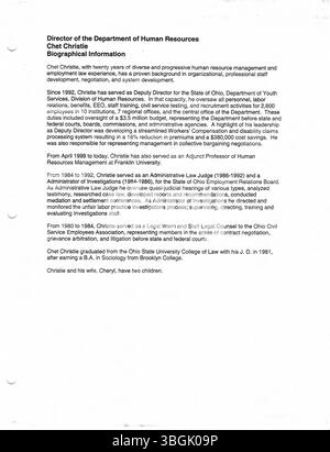 Cette série de communiqués de presse du bureau du maire Michael Coleman en 2000 souligne son leadership en tant que premier maire afro-américain de Columbus, Ohio. Son mandat de 2000 à 2016 marqua des jalons politiques et sociaux importants dans l’histoire de la ville. Banque D'Images