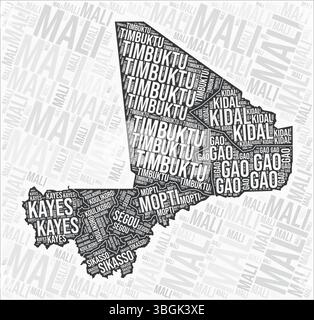 Les régions du Mali cartographient le nuage de mots. Noms des régions du Mali. Conception de carte en noir et blanc. Illustration vectorielle moderne. Illustration de Vecteur