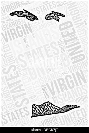 Les régions des îles Vierges américaines cartographient le nuage de mots. Noms des régions des îles Vierges américaines. Conception de carte en noir et blanc. Illustration de Vecteur