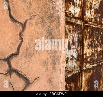 Mur de plâtre fissuré avec fractures profondes et surface texturée, porte métallique rouillée partiellement visible. Convient pour la texture, la pourriture, les arrière-plans, la conception. Banque D'Images