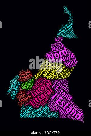 Cameroun Word Cloud. Noms de région du pays en anglais. Design de style néon lumineux sur fond sombre. Illustration de Vecteur
