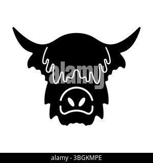 Vecteur de silhouette de tête de vache Highland. Une tête de vache montagneuse, immédiatement reconnaissable par sa frange déchiquetée, son nez large et ses longues cornes courbées vers le haut. Illustration de Vecteur